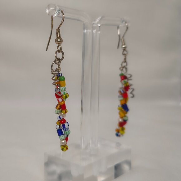 Multi-Colour Seed Bead Dangle Earrings 925 Hooks - Picture 3 of 8